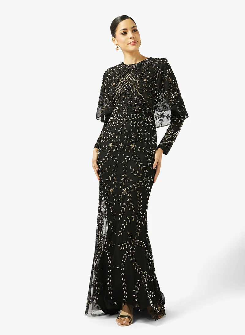 Embellished Sequin Cape Sleeve Dress